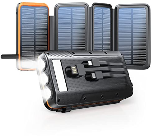 Solar Powerbank 27000mAh,Solar Ladegerät mit 3 Kabel QC4.0 22.5W USB C 20W Schnellladefunktion, mit 4 Solarpanels und 3 LED Taschenlampe für Smartphones Tablets Camping