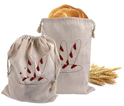 Linen Bread Bags, 2 Pack Reusable Natural Unbleached Linen Bread Storage Bags Drawstring Bread Bag for Homemade Bread, Sourdough Bread, 11 x 15.