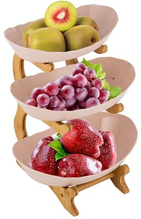 3 Tier Fruit Bowl with Bamboo Stand, 3-Tier Snack Dessert Cake Tray for Party Wedding, Afternoon Tea, Multi-Purpose Tiered Fruit Bowl Platter with Detachable Rack, Wooden Bracket