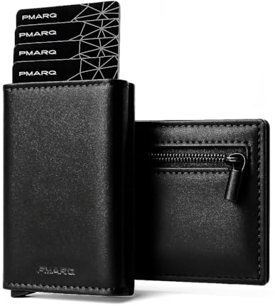 PMARQ Cartera Tarjetero Bloqueo RFID con Monedero e Imán | Billetera Minimalista Porta Tarjetas de Crédito para Hombre y Mujer (Protección RFID), Billetes y Monedas (Negro)