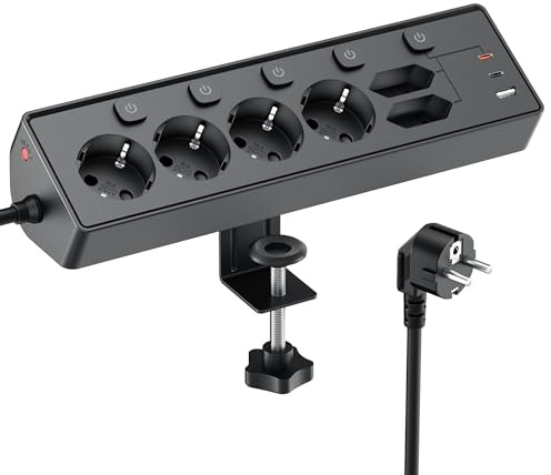 6 Fach Steckdosenleiste mit 3 USB PD 30W, Kemelo Mehrfachsteckdose mit Schalter, 9 in 1 Tischsteckdose Überspannungsschutz Schreibtisch Zubehör, 3m Verlängerungskabel Schreibtisch Steckdose, schwarz