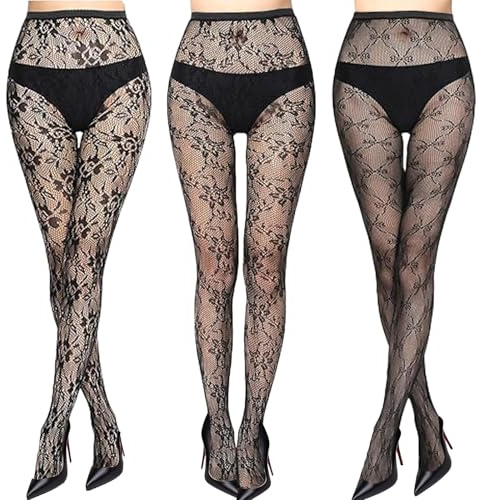 3 PCS Patterned Tights for Women, Elastic Fishnet Tights Womens Hollow Out Black Fishnets Tight for Women Black Lace Tight, High Waisted Pantyhose Suitable Stage Performances Themed Party Gathering