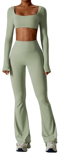 ABOCIW Workout Sets for Women 2 Piece Square Neck Long Sleeve Crop Tops High Waist Flared Leggings Gym Sets, Y-green, XS