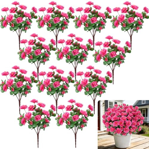 Fairblo 12 Pcs Pink Artificial Flowers Spring Silk Azalea Flowers for Outside 13.78 UV Resistant Faux Flowers for Outdoor Planters Porch Patio Balcony Garden Vase Table Decor