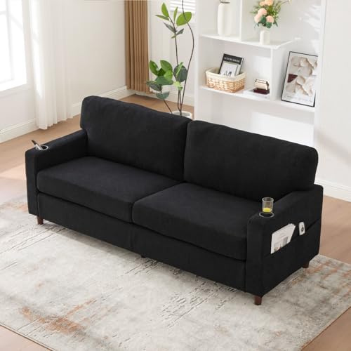 EURHCIO Canapé 2 Places en Chenille,Petit Canapé Moderne,Fauteuil 2 Places,avec Port USB Type-C,éclairage LED,Porte-gobelets et Poches latérales,pour Chambre Salon Bureau (Noir)