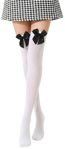 GHKJOK Over Knee Thigh High Socks for Women – Soft Opaque Long Stockings with Bow Detail in White or Black, Cute Fashion Style for Everyday Wear, Outfits and Fancy Dress