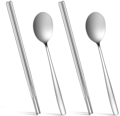 Sibba Set di 2 paia di bacchette in acciaio inox e 2 cucchiai di posate, leggere, antiscivolo, cinesi, giapponesi, coreane, posate portatili, in metallo, per adulti, cucina, casa, ristorante
