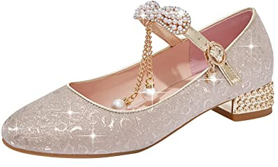 Zapatos de baile para niña, dorados y plateados, con lentejuelas y punta cerrada, tacón bajo, con purpurina fina, zapatos de boda, zapatos para aprender a caminar, dorado, 31 EU 3X-Estrecho