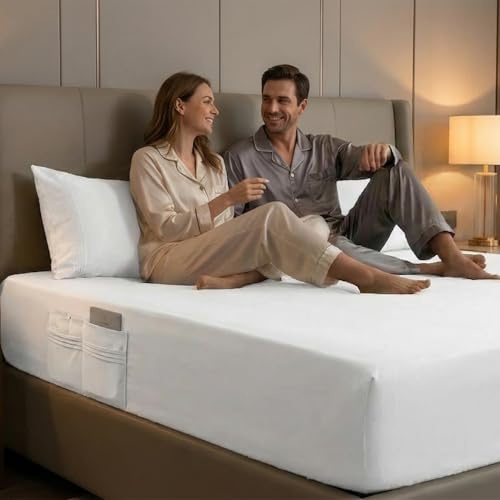 Rayyan Linen Extra Deep Fitted Sheet Soft Brushed Microfibre 40cm Depth – Fully Elastic Deep Pocket Mattress Cover with 2 Side Storage Pockets (White, King)