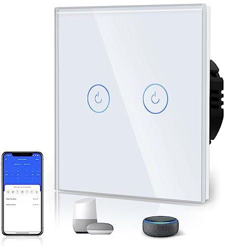 BSEED Interruptor Inteligente WIFI,Interruptores Tactil Con Cristal,Compatible con Alexa,Tuya y Smart Life,Requiere Cable Neutro,2 Gang 1 Vía,86mm Blanco