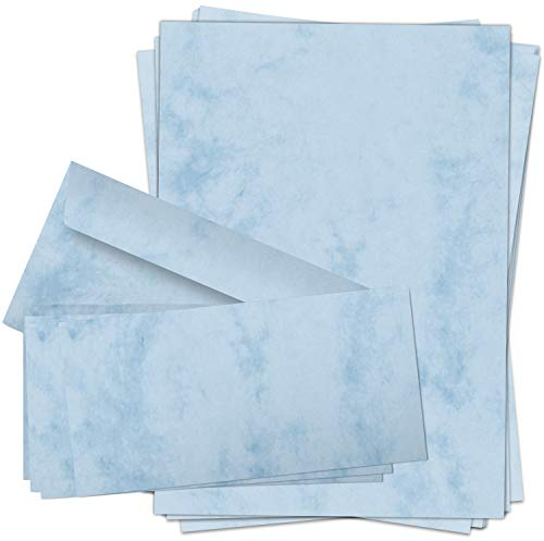 50 Briefpapiere und Briefumschläge SET | Marmor Blau | Papier und Umschlag mit Design-Motiv bedruckt | 90 g/m²