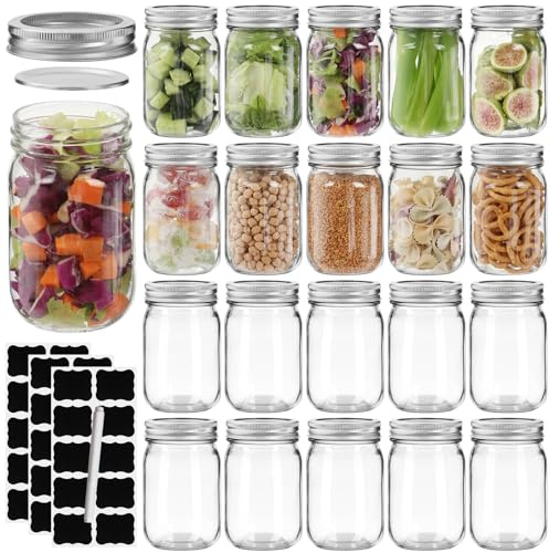 Haneye 12 oz Mason Jars with Lids 20 Pack - Regular Mouth Canning Jars, Clear Glass Jar for Spices, Dry Goods, Meal Prep, Crafts & Pantry Storage- Includes 30 Stickers & 1 Chalk Pen
