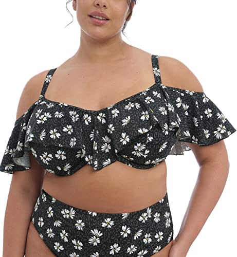 Elomi Women's Plain Sailing Underwire Frill Bikini Swim Top, ES7273, Black Daisy, 40E