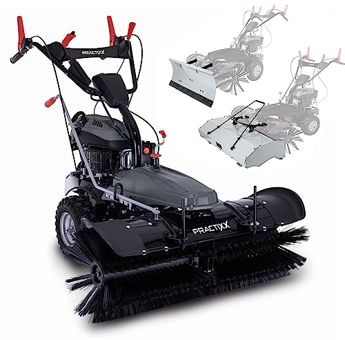 Practixx 3in1 Benzin Kehrmaschine PX-KM-100 inkl. Auffangbehälter & Schneeschild | zuschaltbarer Radantrieb | 4 Takt Motor mit 4,9 PS Leistung | Kehrbreite 100cm | 3 Vorwärts- & 1 Rückwärtsgang