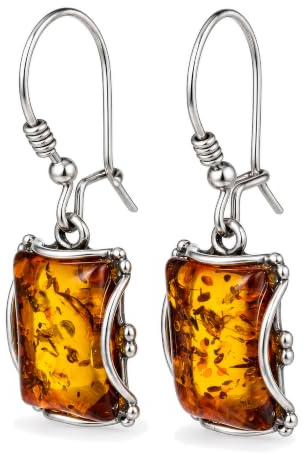 Sterling Silver Baltic Honey Amber Rectangle Drop Earrings – Genuine 925 Silver Amber Dangle Earrings with Kidney Hook, Natural Baltic Amber Jewelry for Women