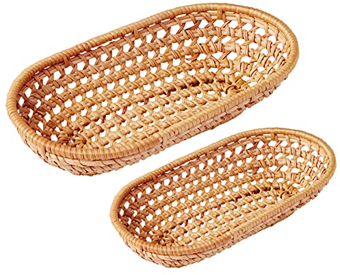 Paniers en Rotin Naturel Tissé à La Main Panier de Rangement pour Fruits, Pain Et Collation, Long Ovale Corbeille à Pain en Osier, Paniers de Rangement, Panier Petit-déjeuner, Décoration de Table