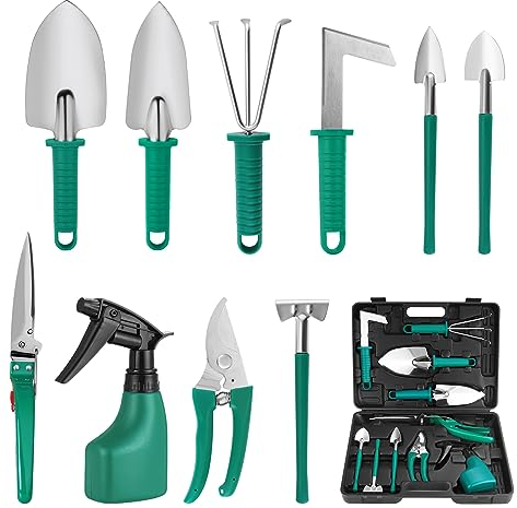 Moendergo 10St Garten Werkzeuge Set, Gartengeräte Set mit Kelle, Umpflanzmaschine, Harke, Gartenschere, Schaufeln und Wassersprühflasche (Grün)