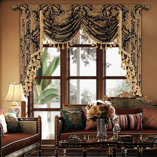 TOPLUXE Rideaux Cantonnière Cascade pour Fenêtres, Cantonnière Damassée à Franges, Rideaux Courts pour Chambre Salon Cuisine Café (Largeur 150cm, Noir)