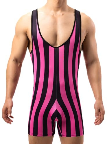 WMIERFI Men Striped Bodysuit Wrestling Singlet Seamless Active Jumpsuit One Piece Base Layers Athletic Supporters Leotard