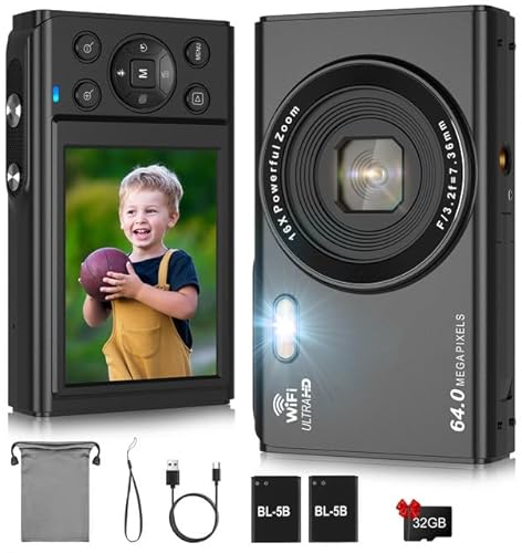 LAMA Digitalkamera, Fotokamera 4K 64MP Mini Digitalkameras Autofokus Kompaktkamera, 2,8 '' LCD 16X Zoom Blitz Digital Kamera mit 32G Karte, 2 Akku, Fotokamera für Kinder, Teenager, Anfänger(Schwarz)