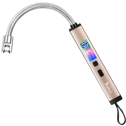 SUPRUS Electric Candle Lighter Windproof Rechargeable USB-C with Digital Battery Display Ambient Lighting Safety Switch 360° Flexible Neck Flameless Plasma