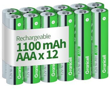 Granicell Pilas recargables AAA de 1100 mAh, alta capacidad, 1500 ciclos, 1,2 V, NiMH, baja autodescarga AAA, paquete de 12 unidades