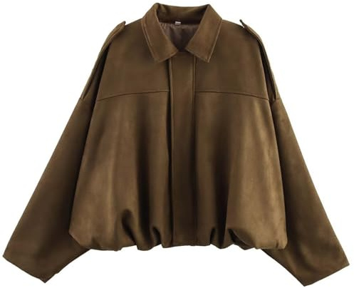 Csvinkiko Women's Faux Suede Bomber Jacket Oversized Pilot Coats Fall Lapel Zip Up Motorcycle Streetwear Outerwear(Brown, Medium)