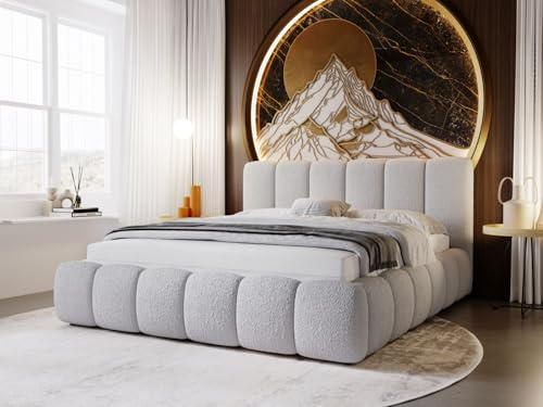 GRAINGOLD Cloud Bett 140x200, Polsterbett mit Bettkasten, Polsterbett mit Stauraum, Bouclé-Stoff, mit Lattenrost, mit Kopfteil, ohne Matratze (Hellgrau, 140x200)