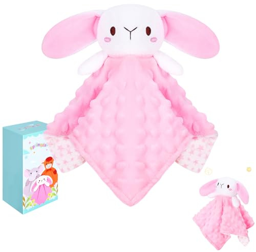 Baby Comforters Blanket 11.8” Security Blanket Bunny Comforter Cuddle Blanket Animal Snuggle Rattle Comforter Infant Gift Bunny Lovey Baby Comforter Newborn Baptism Gift Girls for Sleeping (Pink)