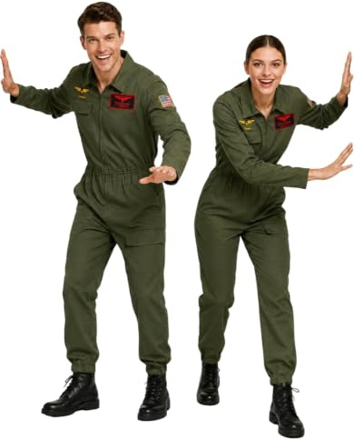 Joyincoser Costume da pilota, da donna, da uomo, da combattimento, pilota, verde militare, abbigliamento militare, cosplay, per adulti, carnevale, Halloween, feste (2XL)