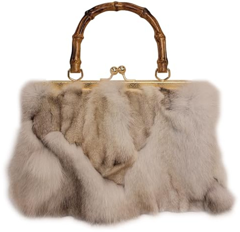 Fosrion Real Fox Fur Handbag – Vintage Kisslock Purse with Bamboo Handle, Patchwork from Ethically Sourced Nordic Fur (Natural – White)
