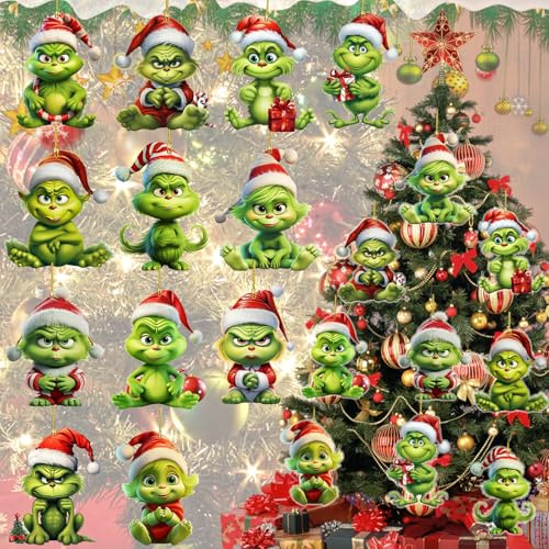 Benaton 12 Piezas Figuras Grinch Para Navidad, Decoración Navideña Grin-Ch, Adornos Navideños Grin-Ch Para El Árbol de Navidad, Divertida Decoración de Navidad de Grin-Ch de Resina Verde Para El Hogar
