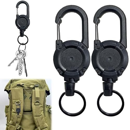 AZWOOD Portachiavi retrattile con corda in acciaio da 63 cm, set da 2 cordini con moschettone, resistente clip per chiavi, carta d'identità, porta carte, ufficio ed esterni