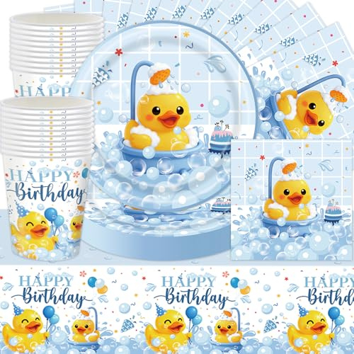 Set para fiesta de patitos amarillos, 61 accesorios con temática de patitos, fiestas de verano, baños de bebés, platos, vasos, servilletas de papel y manteles de verano