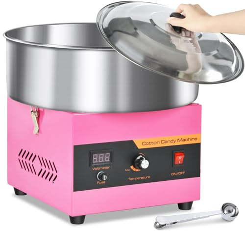 Macchina Zucchero Filato - 1000W Macchina Zucchero Filato Professionale con Ciotola in Acciaio Inossidabile e Paletta per Zucchero, Temperatura Regolabile, per Feste in Famiglia, Rosa