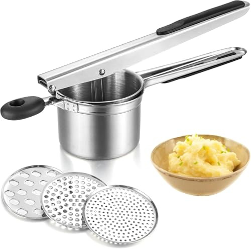 Län av rostfritt staal för potatismos, robust potatispress med 3 utbytbara skivor för hemgjord pasta och spaetzle, tåligt köksredskap för stora mänger peromos-t