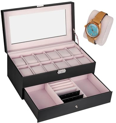 shelfmade Schmuckaufbewahrung - Uhrenbox 12 Uhren schwarz - Schmuckkästchen Watch Box - Schmuckkasten Damen & Herren Samt - Uhrenaufbewahrung mit Schloss (Rosa)