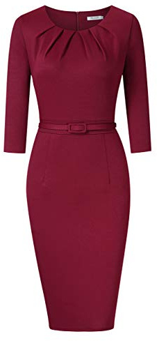 KOJOOIN Vestido Tubo de Mujer de Negocios Bodycon Vestidos hasta la Rodilla Vestido de cóctel Vintage de Manga Larga con cinturón Vino Rojo-4 Manga Larga XL