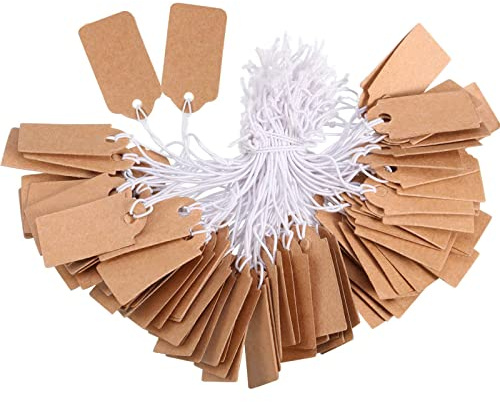 300 Pieces Kraft Price Tags with Elastic Hanging String Writable Blank Price Labels Small Marking Display Tags(1.38 x 0.71 Inch)