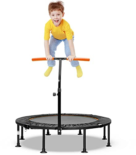 COSTWAY 45 Mini Trampoline, Foldable Fitness Bouncer with Height Adjustable Handrail and Safety Pad, Indoor Aerobic Workout Rebounder for Kids Adults (Orange+Black)