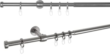 metablo Gardinenstange ausziehbar 1-Lauf Wandmontage Teleskopgarnitur Komplettgarnitur inklusive Träger Endstücke Ringe + Faltenhaken 16/19mm Edelstahl-Optik 210-400 cm