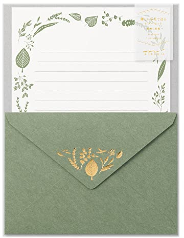 Midori 86507006 Letter Set Foil Stamped Envelopes, Leaf Pattern