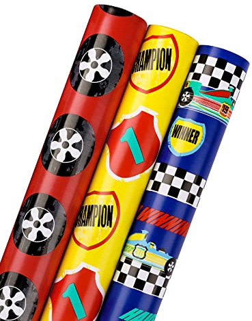 RUSPEPA Rollo De Papel De Regalo De Cumpleaños - Mini Rollo - Juego De Autos De Carreras Geniales Perfecto Para Fiestas, Celebraciones, Bebés - 3 Rollos - 43,2 cm X 305 cm Por Rollo