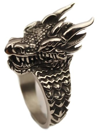 Anillo de dragón para hombres, anillo de cabeza de dragón vintage, anillos de dragón dominantes retro, anillo de amuleto, joyería de dragón de animales punk para hombres y niños, O, Metal