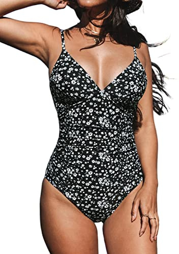 CUPSHE Women Swimsuit One Piece V Neck Tummy Control Ruched Front Low Back Bathing Suit Swimwear Black Floral M