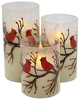 LumaBase Battery Operated LED Red Cardinals Hurricane Candles - Set of 3