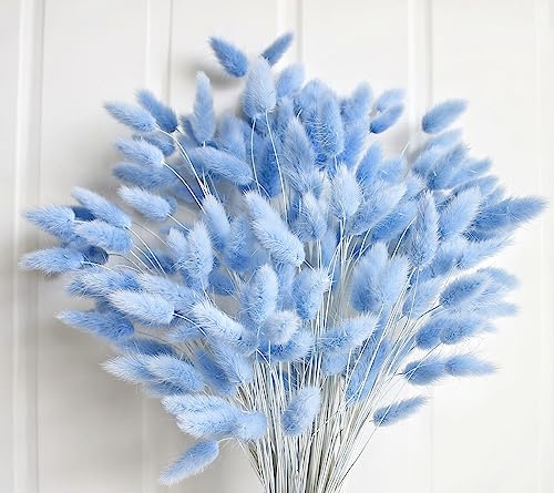 120 PCS Blue Dried Pampas Grass Decor, 17-inch Pompas Floral, Dry Flowers for Decoration, Pampas Grass in Bulk Tall, Blue Bunny Tails Dried Flowers for Boho Wedding Decor