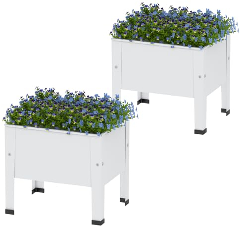 aboxoo 2 Packungen 35,6 cm kleines Pflanzgefäß Hochbeet mit Beinen, Metall-Pflanzkasten für Terrasse, erhöhtes Gartenbeet für Gemüse, Blumen, Kräuter (weiß)