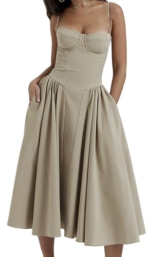 OMZIN Mujeres Cuello Cuadrado Vestido Largo Sin Mangas Midi Vestido Bustier Espagueti Correa Going out Sundingress Café S