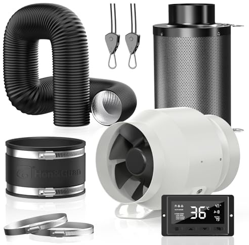 Hon&Guan HI-PE - Set di ventilazione 100 mm, 360 m³/h, risparmio energetico, controllo intelligente, filtro carbone attivo, tubo gomma, sistema tenda